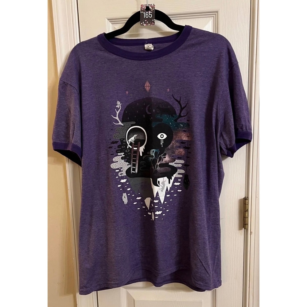 Anvil Purple Ringer Tee Surreal Graphic Art Short Sleeve T-Shirt Unisex XL